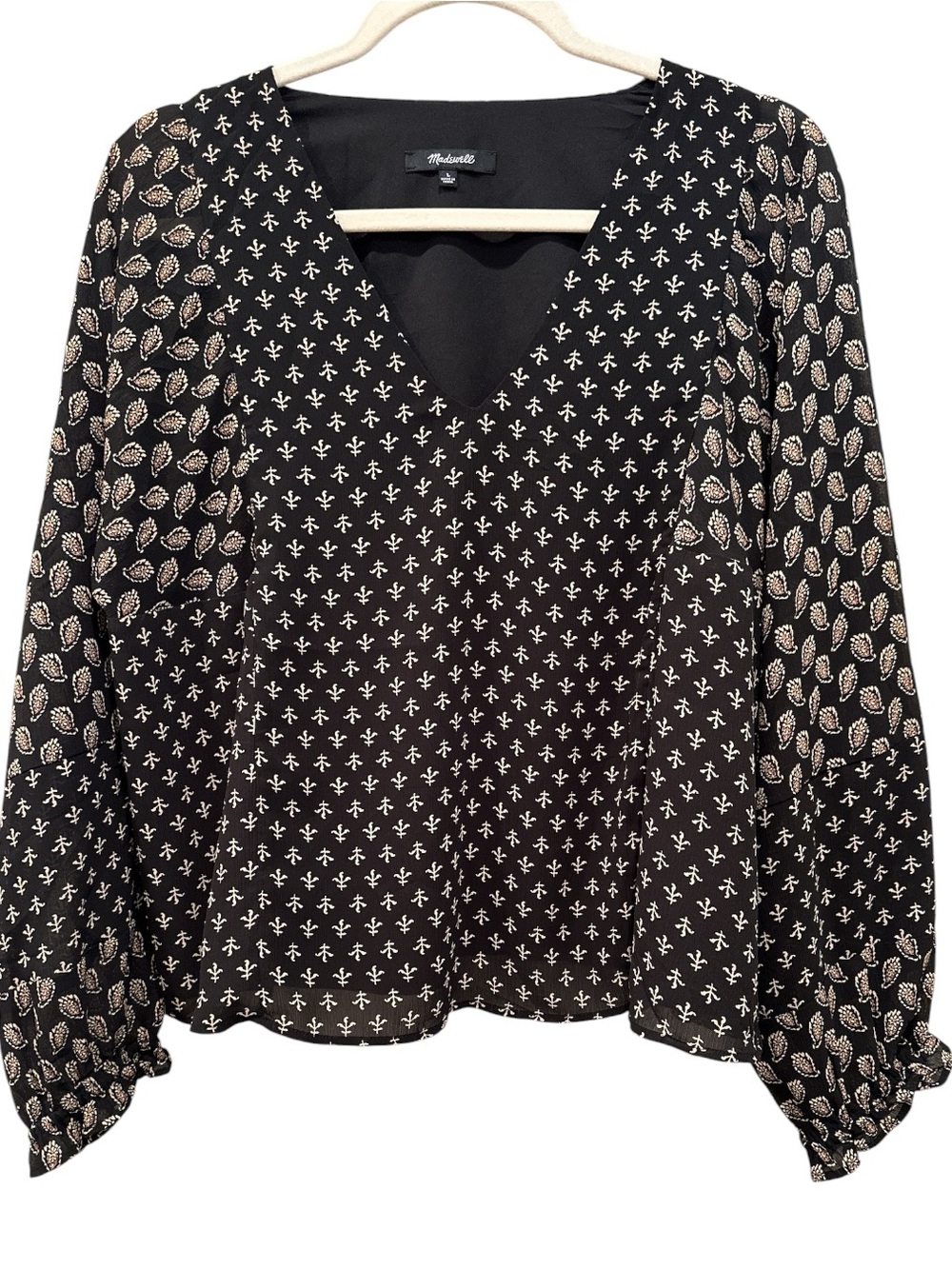 Madewell Boho Sheer Sleeve Brushstroke Paisley Mix V-Neck Long Sleeve Top L